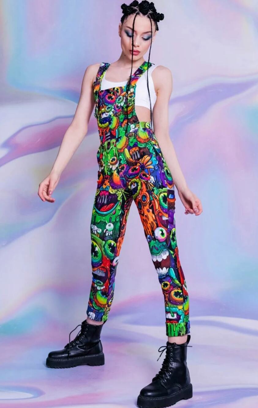Devil Walking Drippy Aliens Overalls Green Retro Psychedelic One Piece XL